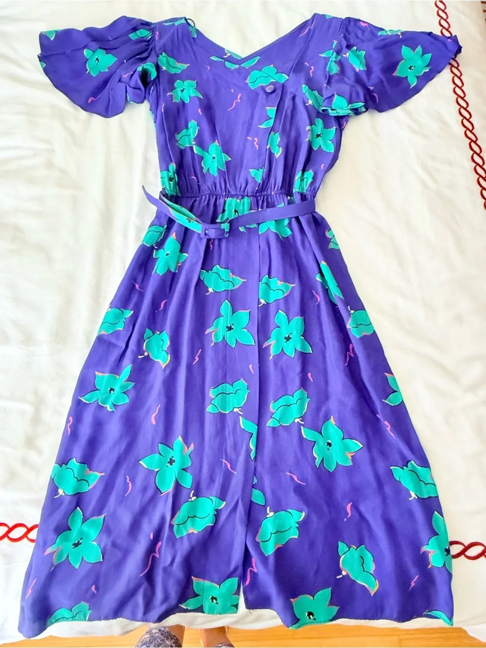 Vintage 1980s Purple Dress with Flutter Sleeves and Teal Floral Print - Picture 1 of 8